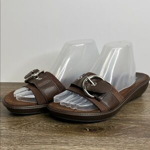 Franco Sarto Brown Leather Slide Sandals
Silver Hardware Accent Size 9